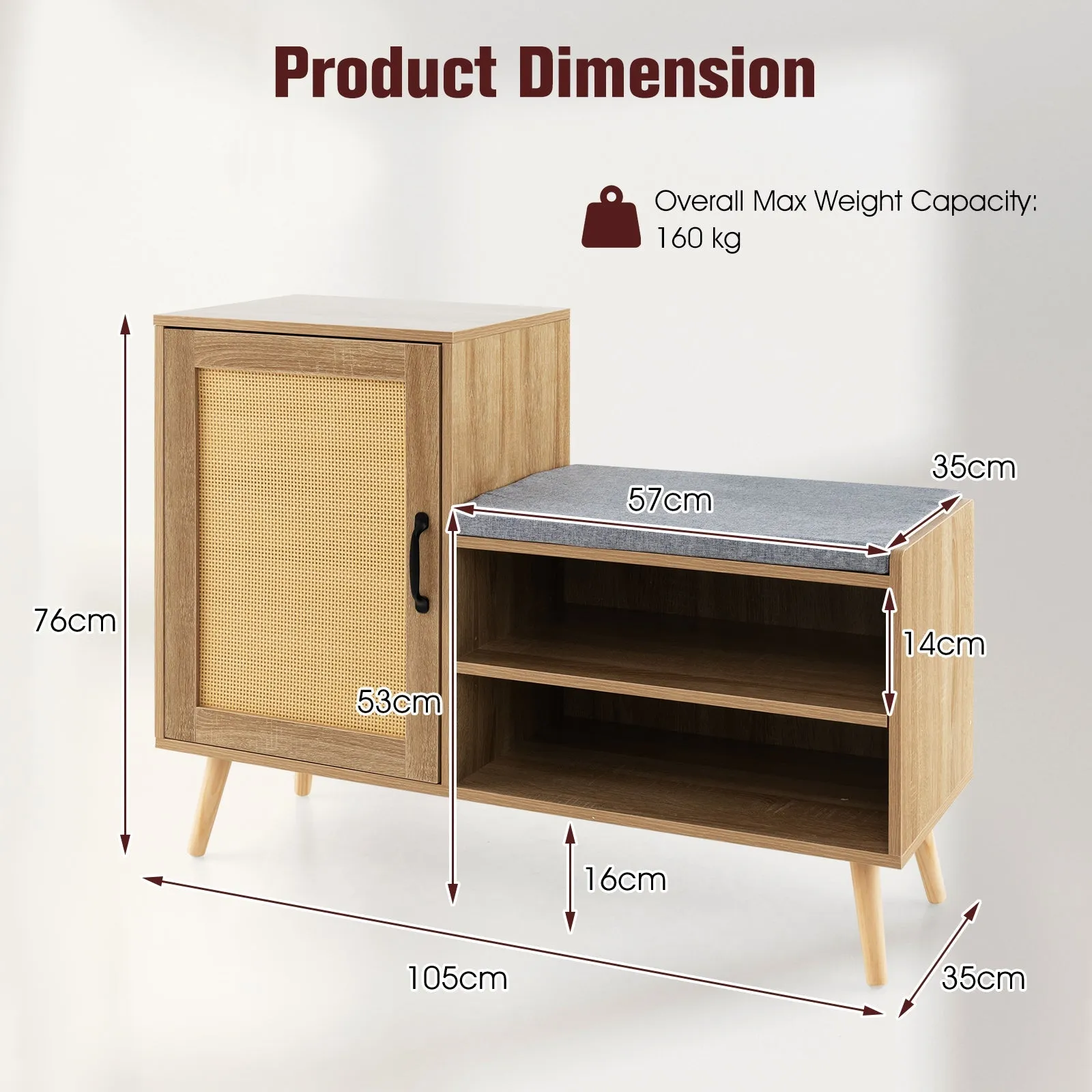 2-in-1 Rattan Shoe Cabinet with Bench and 3 Adjustable Shelves-Natural