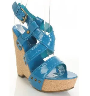 Blue Faux Patent Leather Stitch Screw Cork Platform Wedges