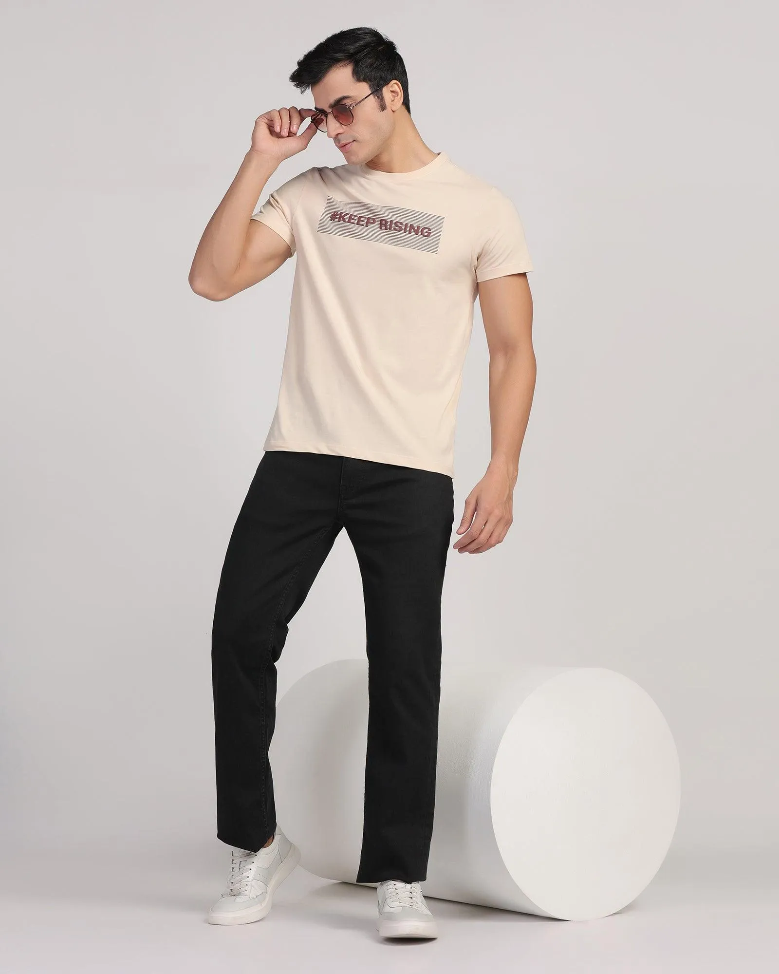 Crew Neck Beige Printed T-Shirt - Bouque