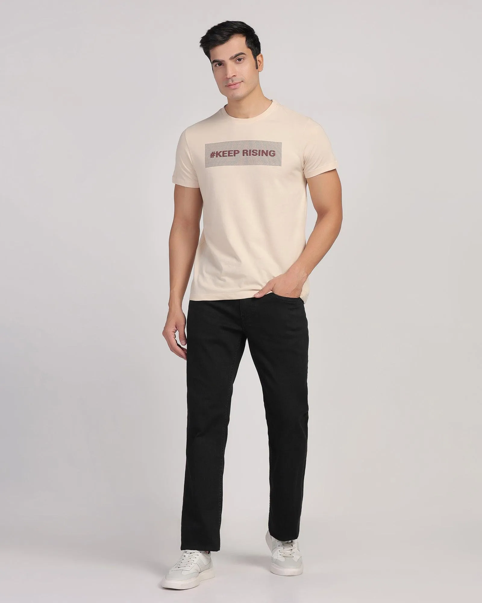 Crew Neck Beige Printed T-Shirt - Bouque