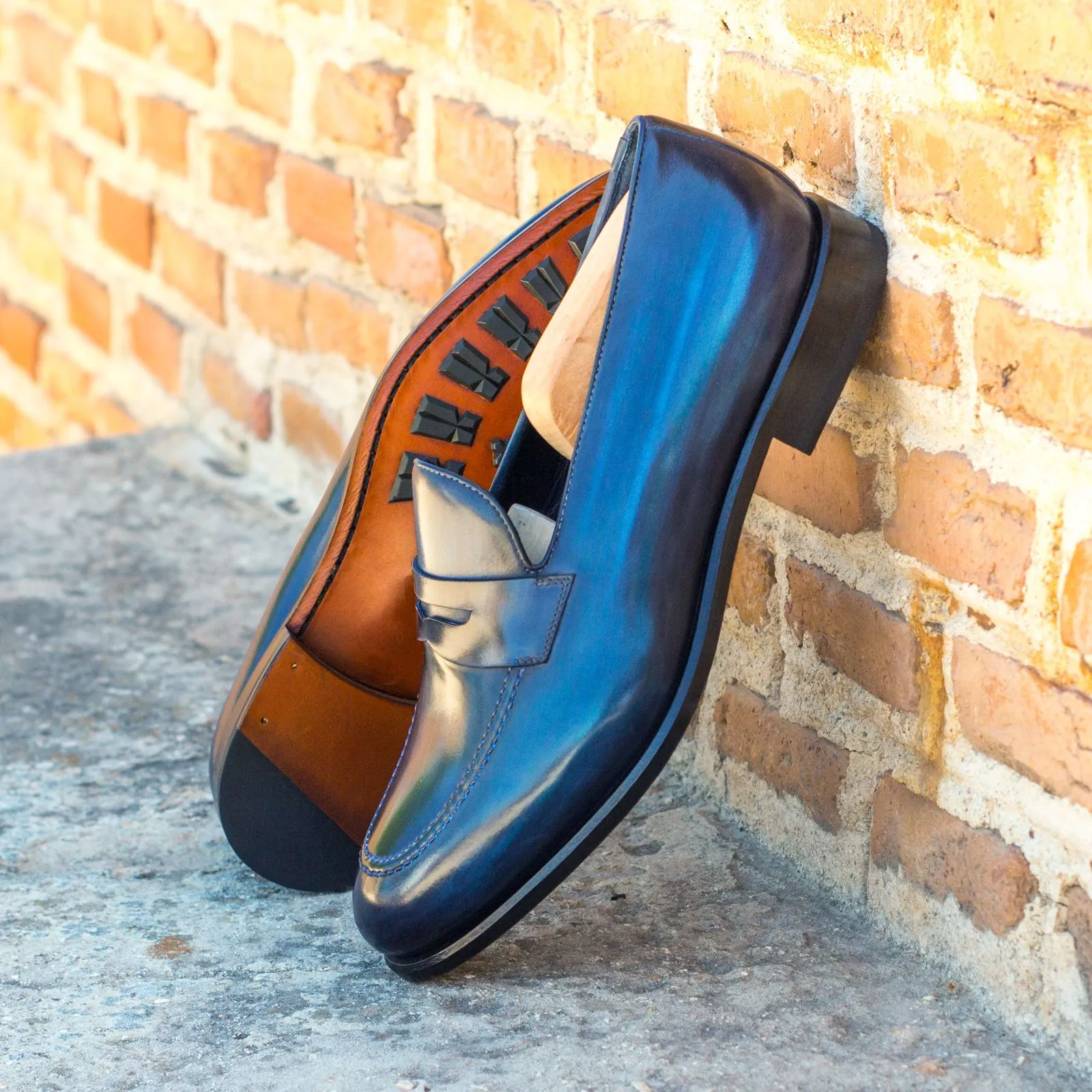 DapperFam Luciano in Denim / Grey Men's Hand-Painted Patina Loafer