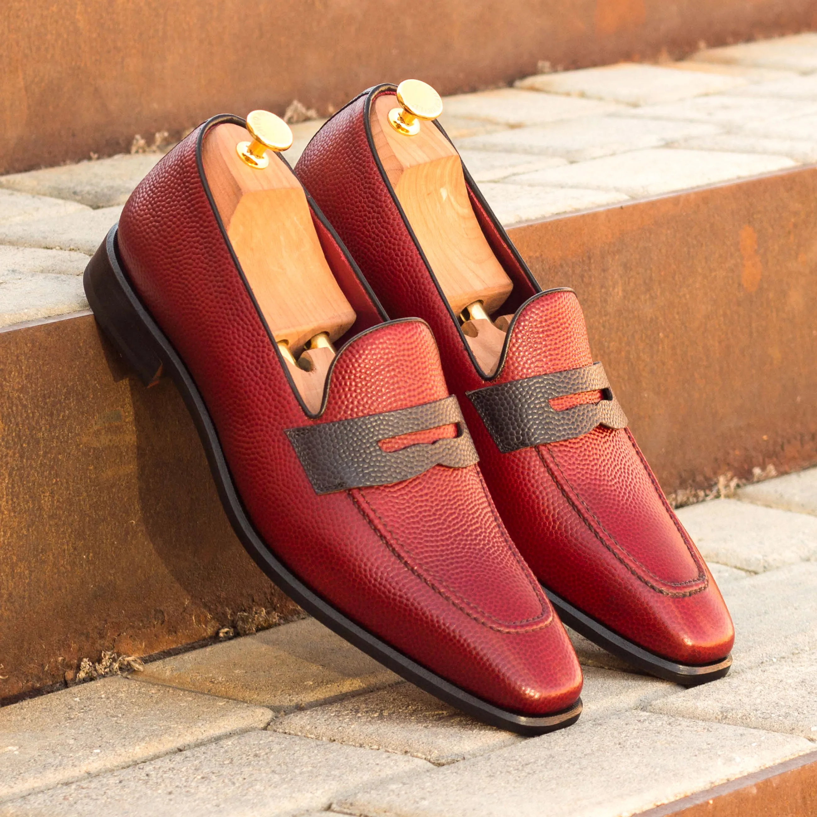 DapperFam Luciano in Red / Black Men's Italian Pebble Grain Leather & Italian Leather Loafer