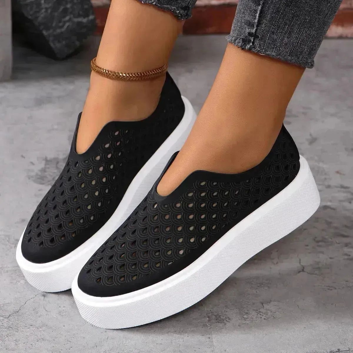 Fashion Hollow Flats Shoes Casual Versatile Thick Sole Slip-on Shallow Sneakers Shoes For Women