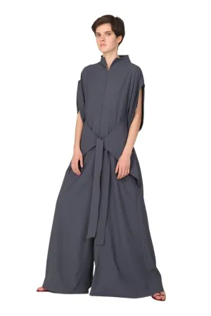 Gray Short Sleeve High Neck Wide-Leg Japanese Kimono Jumpsuit LEA