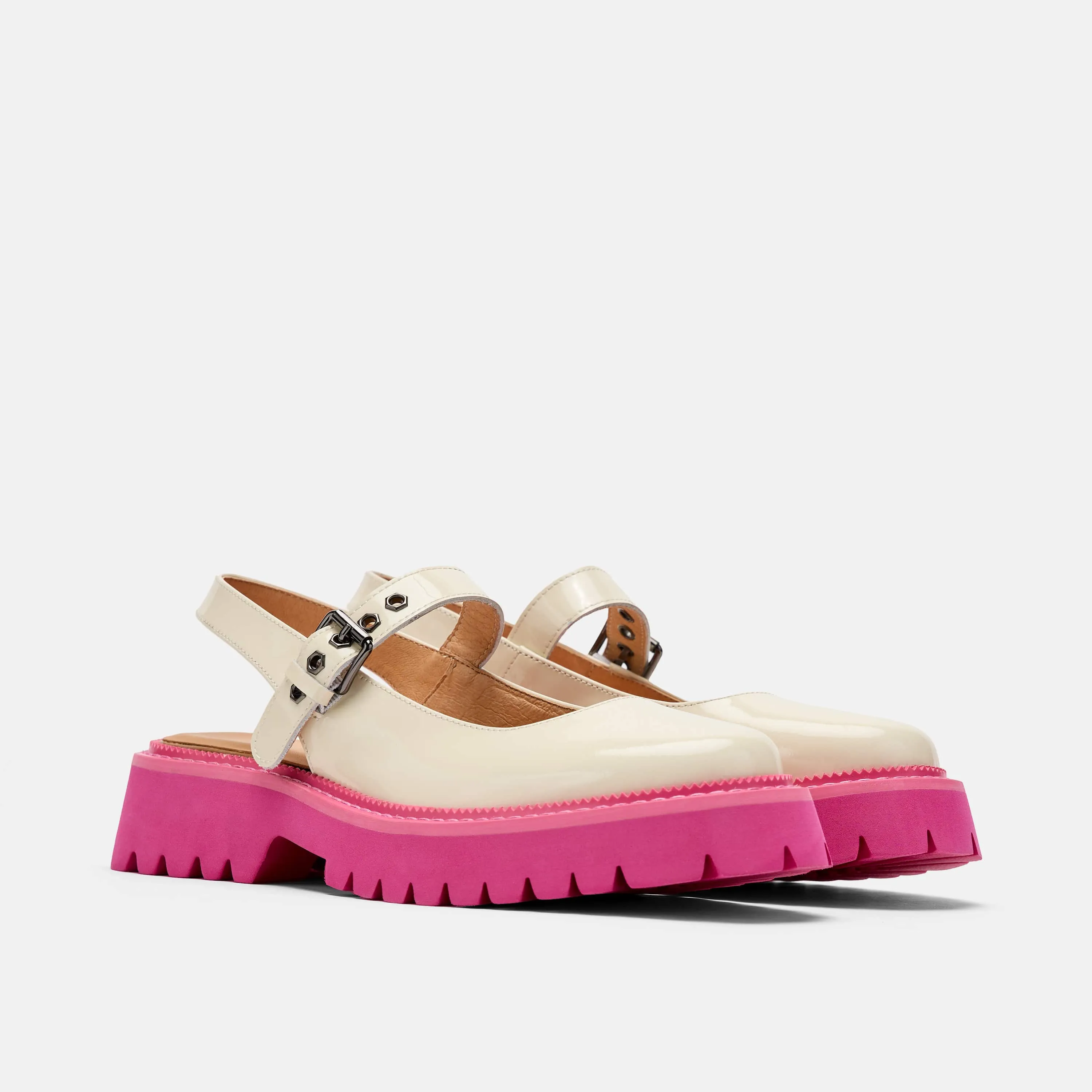 Luna Cream/Pink Leather Mary Jane Lug Slingbacks