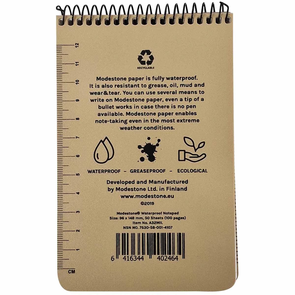 Modestone Top Spiral Waterproof Notepad 3 3/4" x 5 13/16"  - Tan