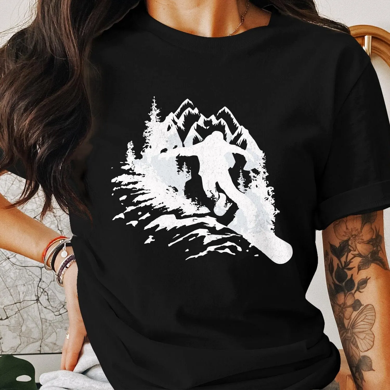 Mountain Snowboard Graphic T-Shirt, Nature Inspired Black Tee, Adventure Wilderness Casual Wear, Outdoor Lover Gift, Ski Trip Unisex Shirt