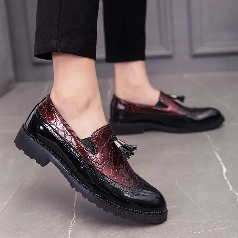 Patchwork Crocodile Pattern Tassels Loafers