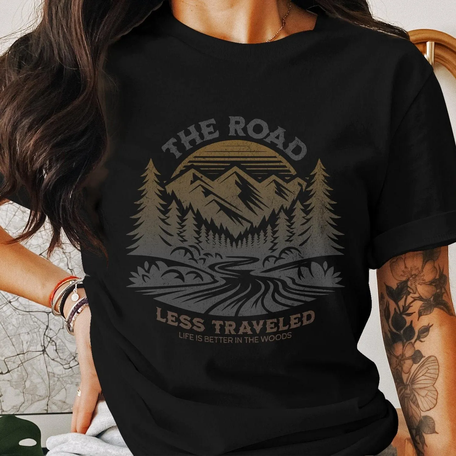 Rustic Mountain Adventure T-Shirt, Nature Hiking Graphic Tee, The Road Less Traveled Shirt, Outdoor Enthusiast Camping Top,Unisex Sweatshirt