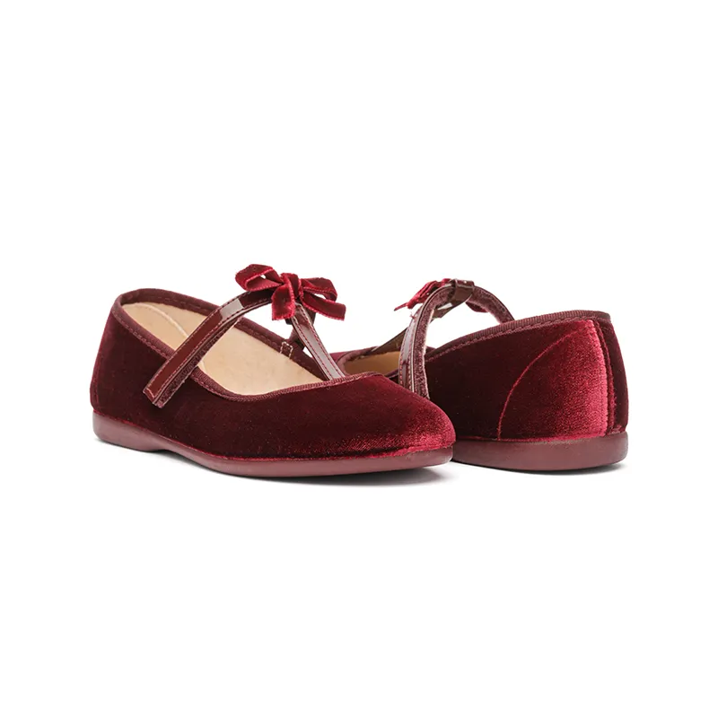 Velvet Party T-Straps in Burgundy